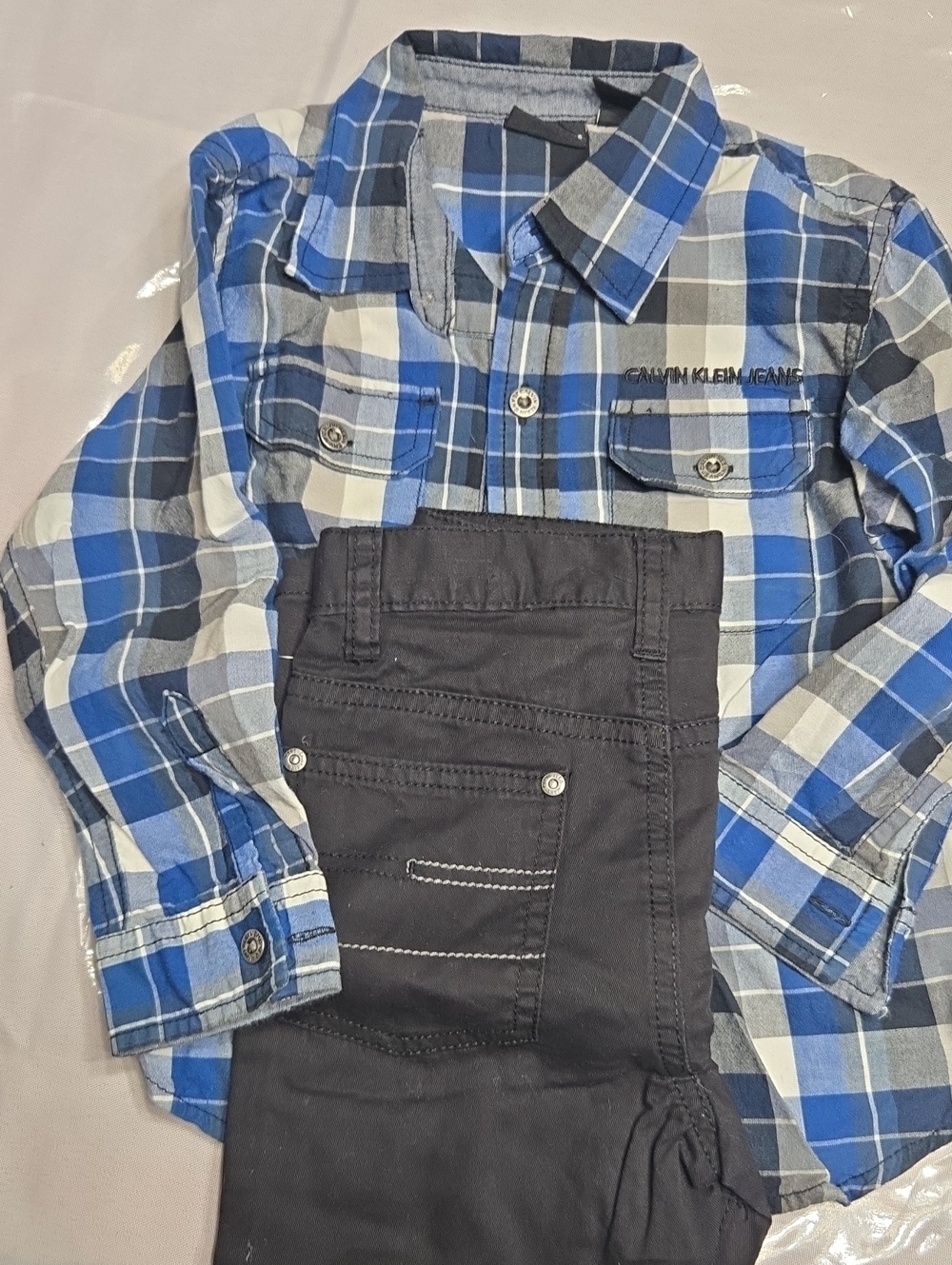 Boys Calvin Klein Set Blue Plaid Button-Down Shirt With Black Pants, Size 4T